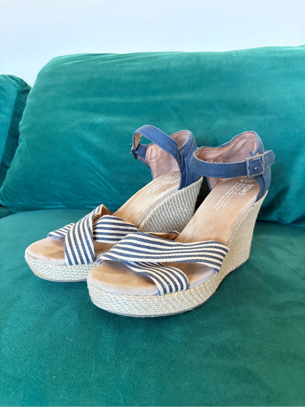 Toms Blue and White Striped Espadrille Wedge Sandals
